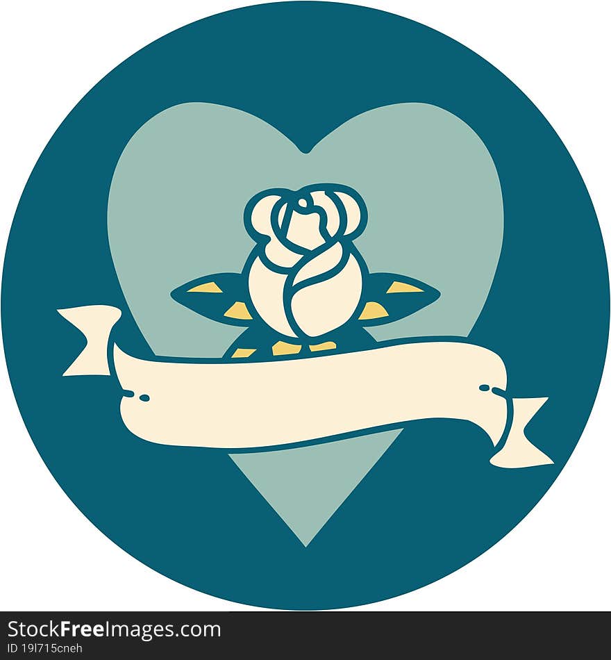 tattoo style icon of a heart rose and banner