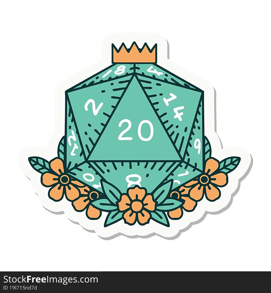 sticker of a natural 20 D20 dice roll with floral elements. sticker of a natural 20 D20 dice roll with floral elements