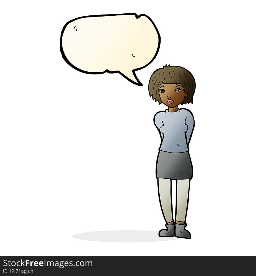 cartoon shy woman with speech bubble