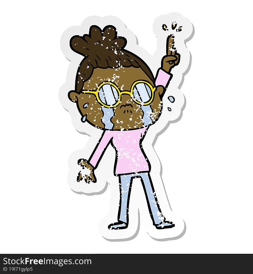 distressed sticker of a cartoon crying woman wearing spectacles