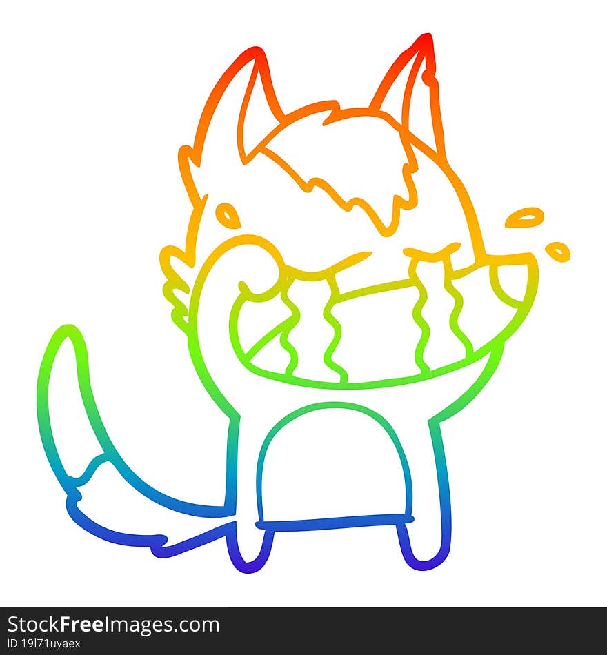 rainbow gradient line drawing of a cartoon crying wolf rubbing eyes