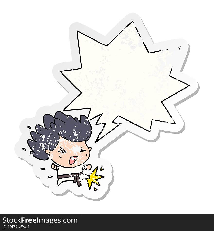 cute cartoon kicking karate champion and speech bubble distressed sticker