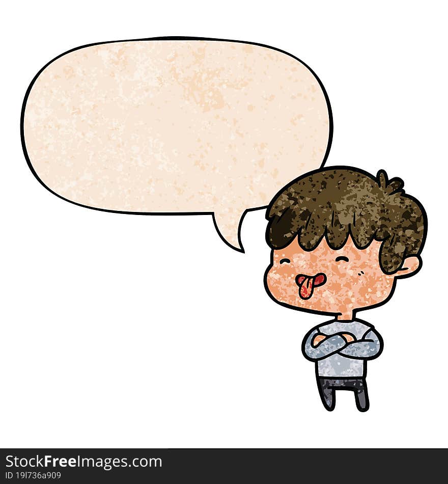 cartoon boy sticking out tongue and speech bubble in retro texture style