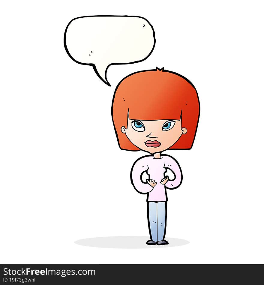 cartoon woman gesturing at herself with speech bubble