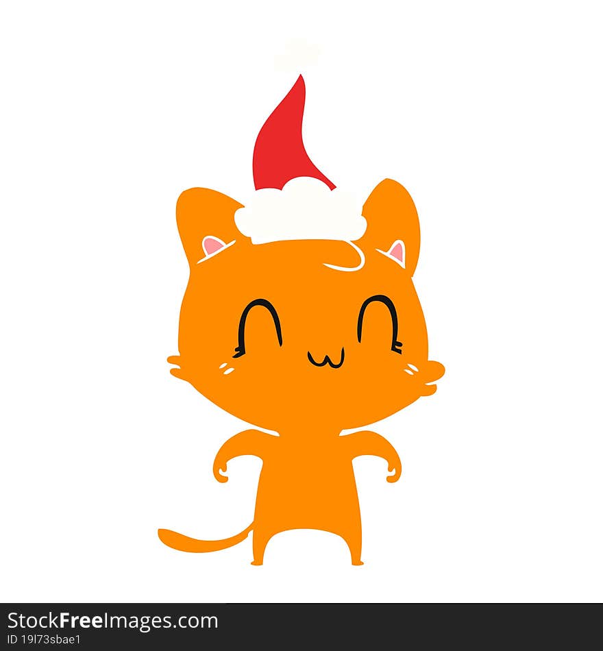 flat color illustration of a happy cat wearing santa hat