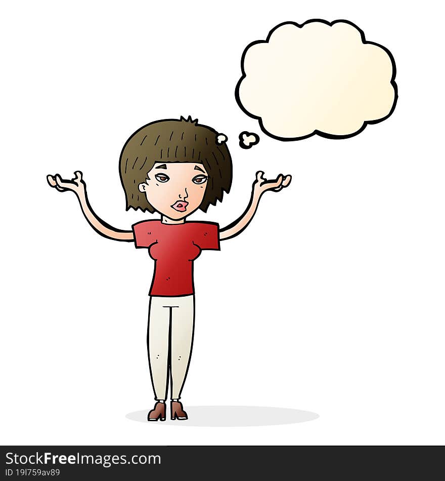 cartoon woman shrugging shoulders with thought bubble