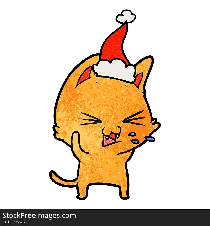 Textured Cartoon Of A Cat Hissing Wearing Santa Hat