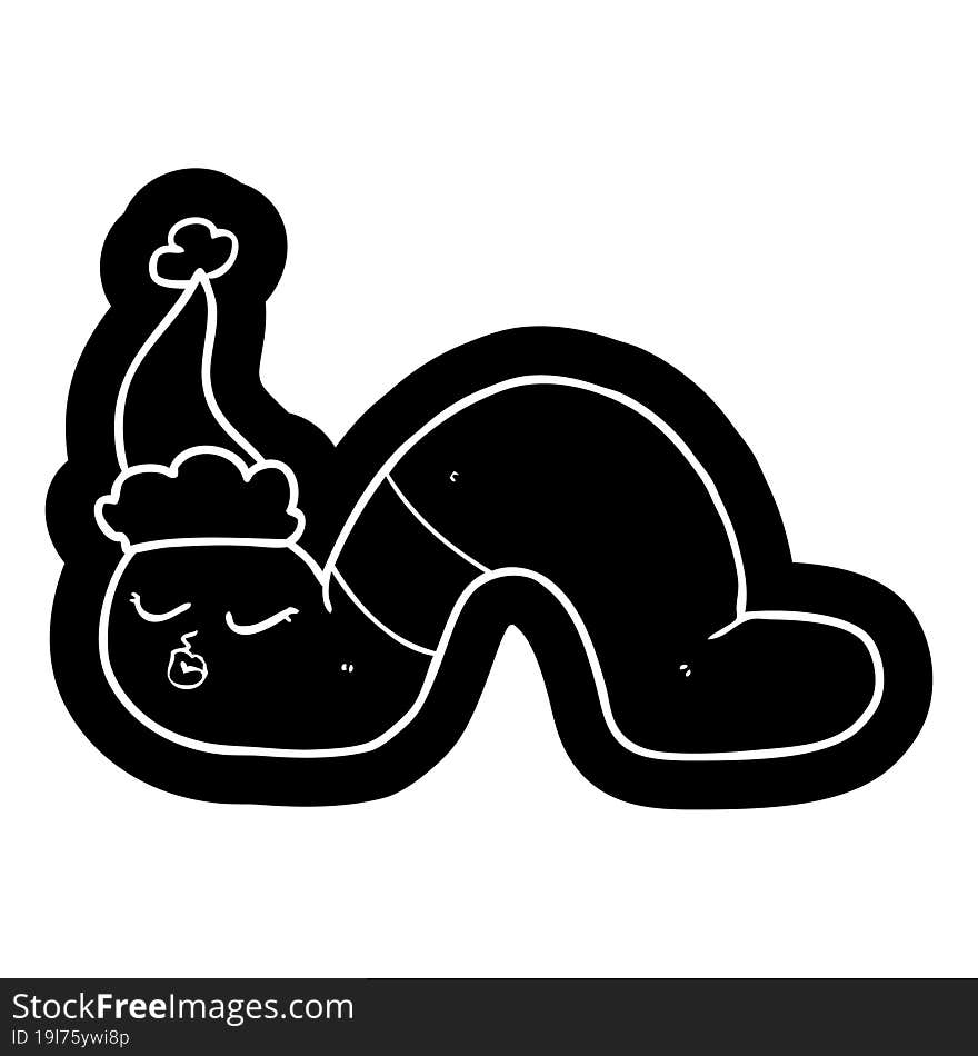 quirky cartoon icon of a worm wearing santa hat