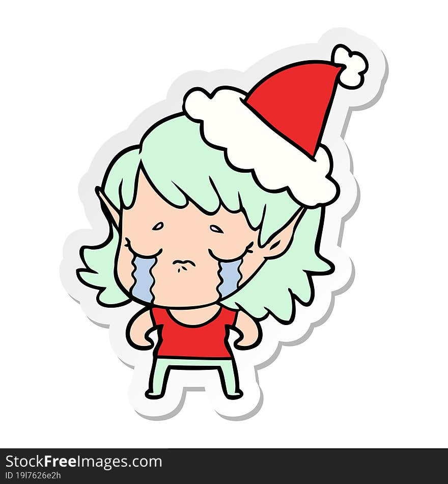 Sticker Cartoon Of A Crying Elf Girl Wearing Santa Hat