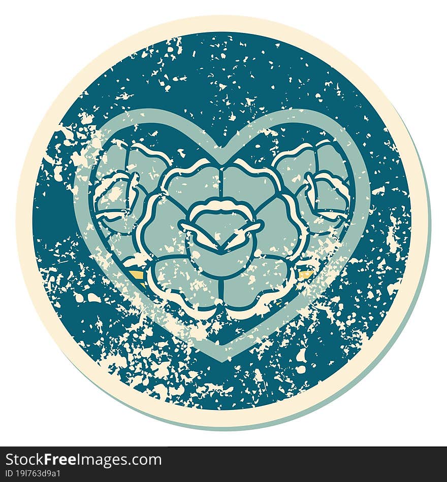 iconic distressed sticker tattoo style image of a heart and flowers. iconic distressed sticker tattoo style image of a heart and flowers