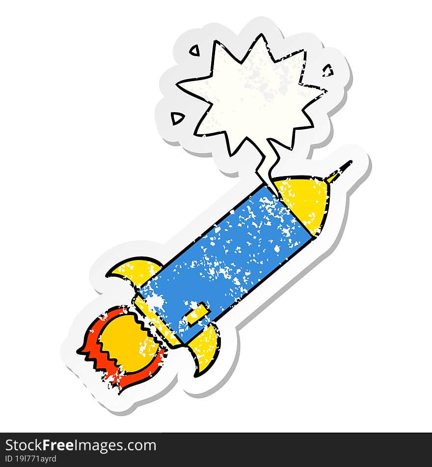 cartoon rocket and speech bubble distressed sticker