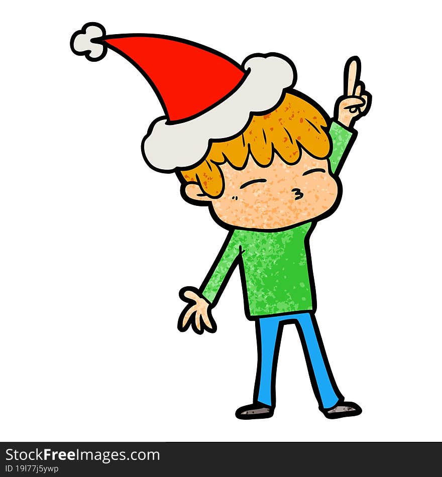 textured cartoon of a curious boy wearing santa hat