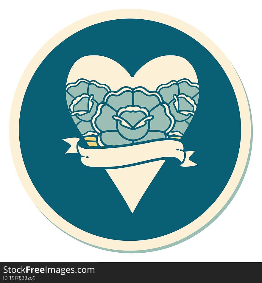 Tattoo Style Sticker Of A Heart And Banner With Flowers