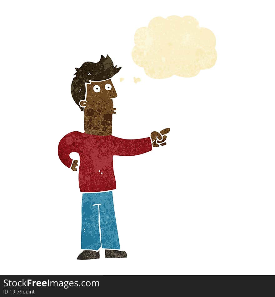 Cartoon Curious Man Pointing With Thought Bubble