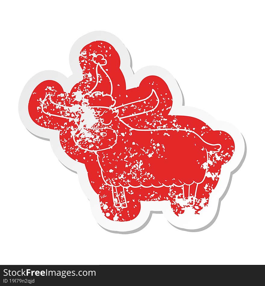 Cartoon Distressed Sticker Of A Bull Wearing Santa Hat