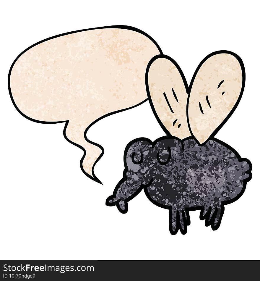 cartoon fly and speech bubble in retro texture style