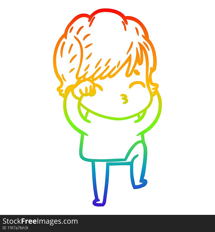 Rainbow Gradient Line Drawing Cartoon Woman Thinking