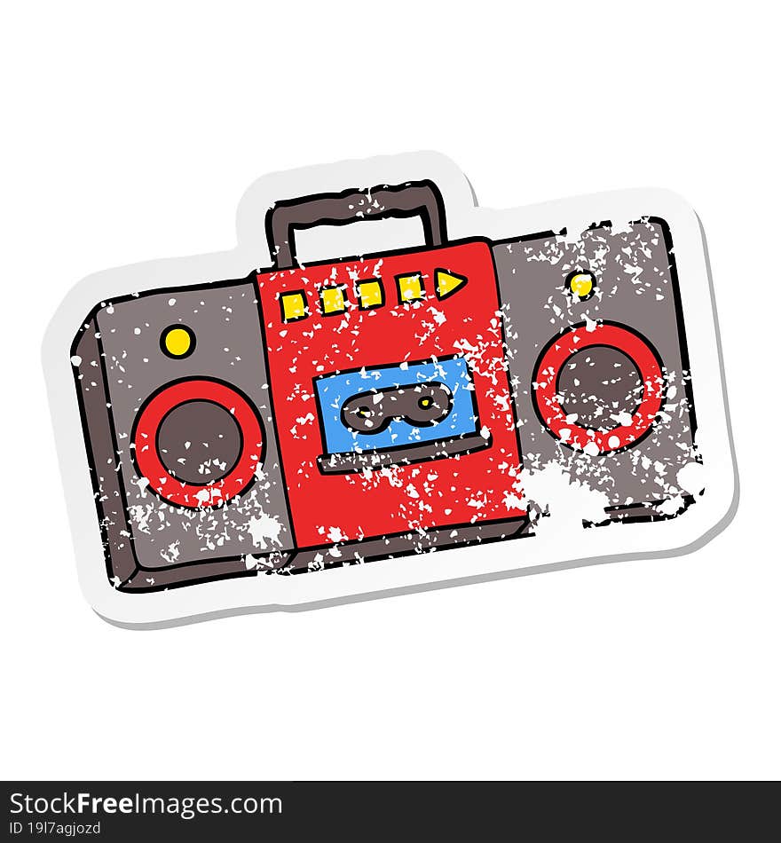 distressed sticker of a cartoon retro cassette tape player