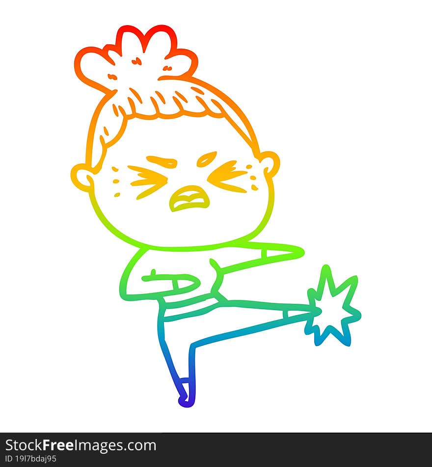 rainbow gradient line drawing of a cartoon angry woman