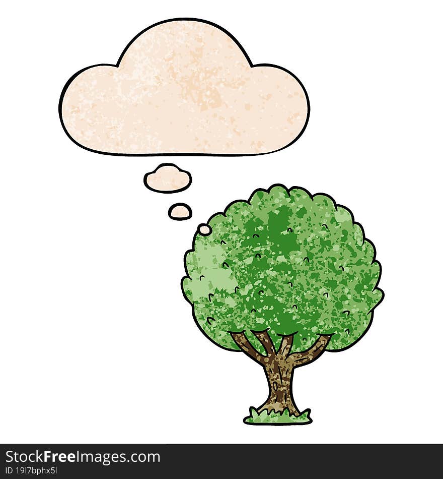 Cartoon Tree And Thought Bubble In Grunge Texture Pattern Style