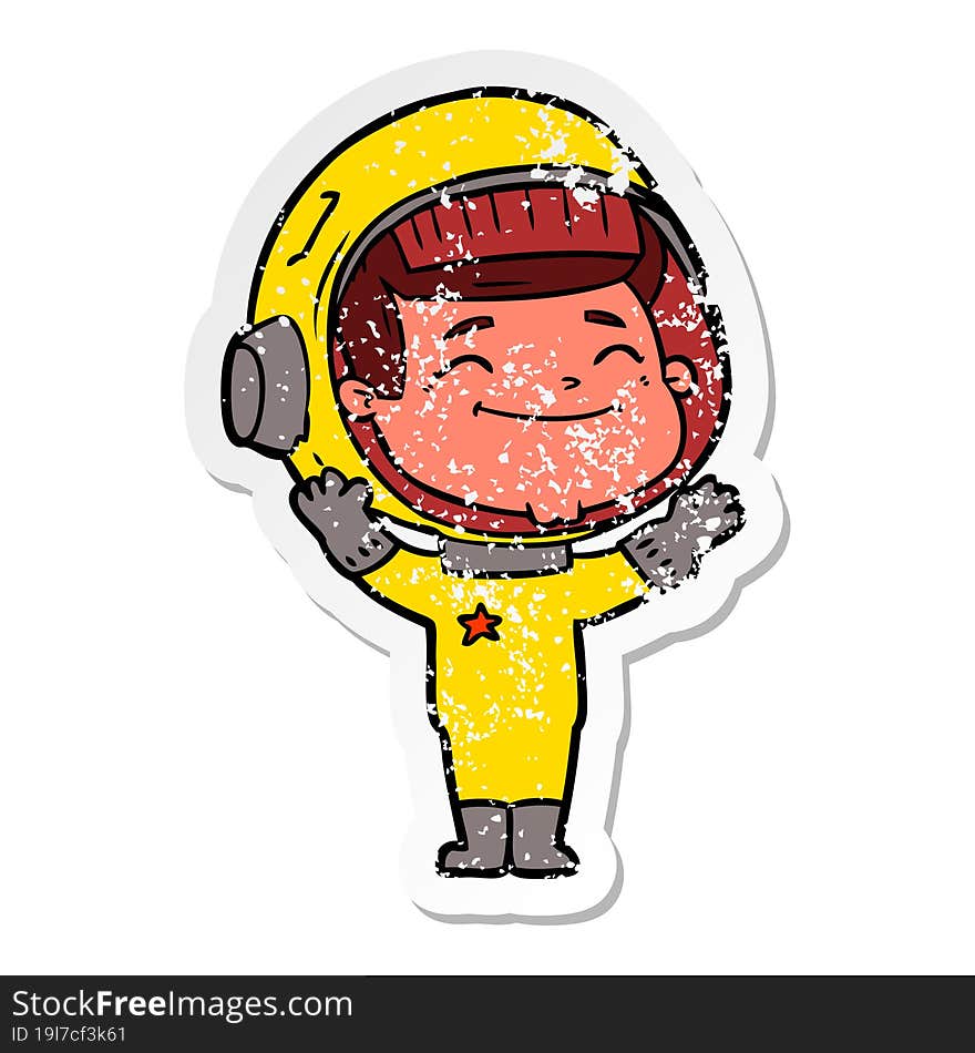 distressed sticker of a happy cartoon astronaut