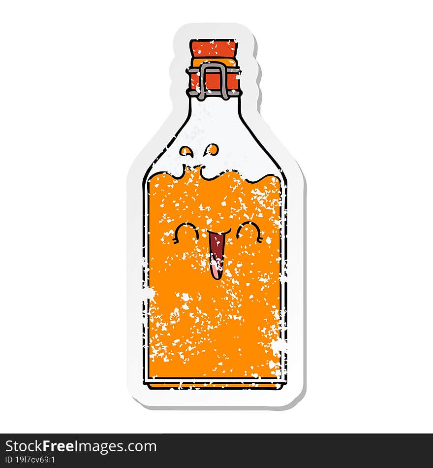 distressed sticker of a cartoon old juice bottle