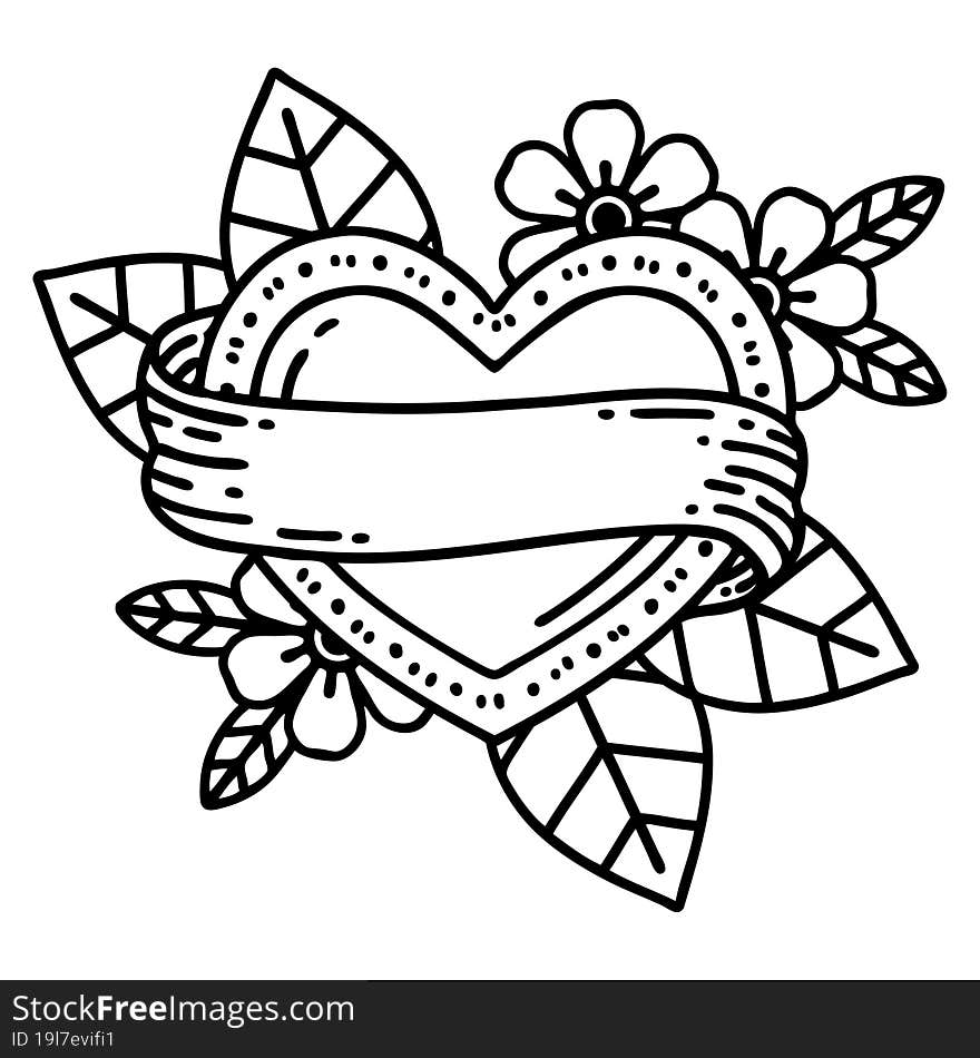 tattoo in black line style of a heart and banner. tattoo in black line style of a heart and banner