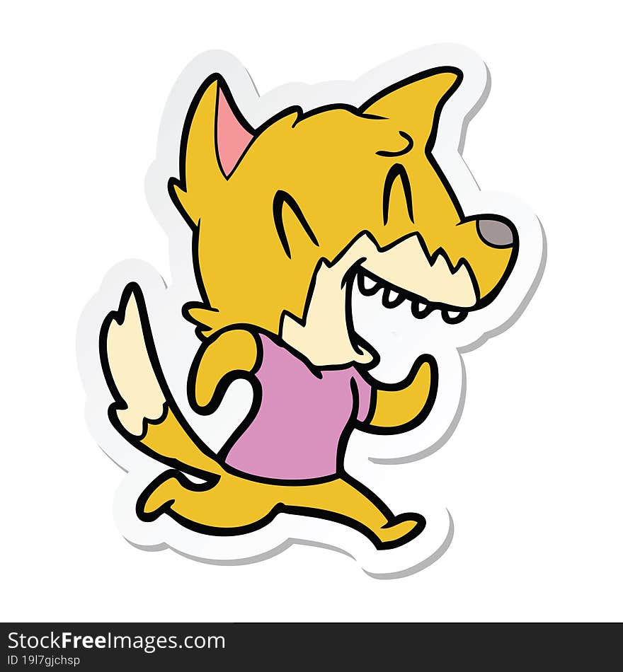 sticker of a laughing fox running away