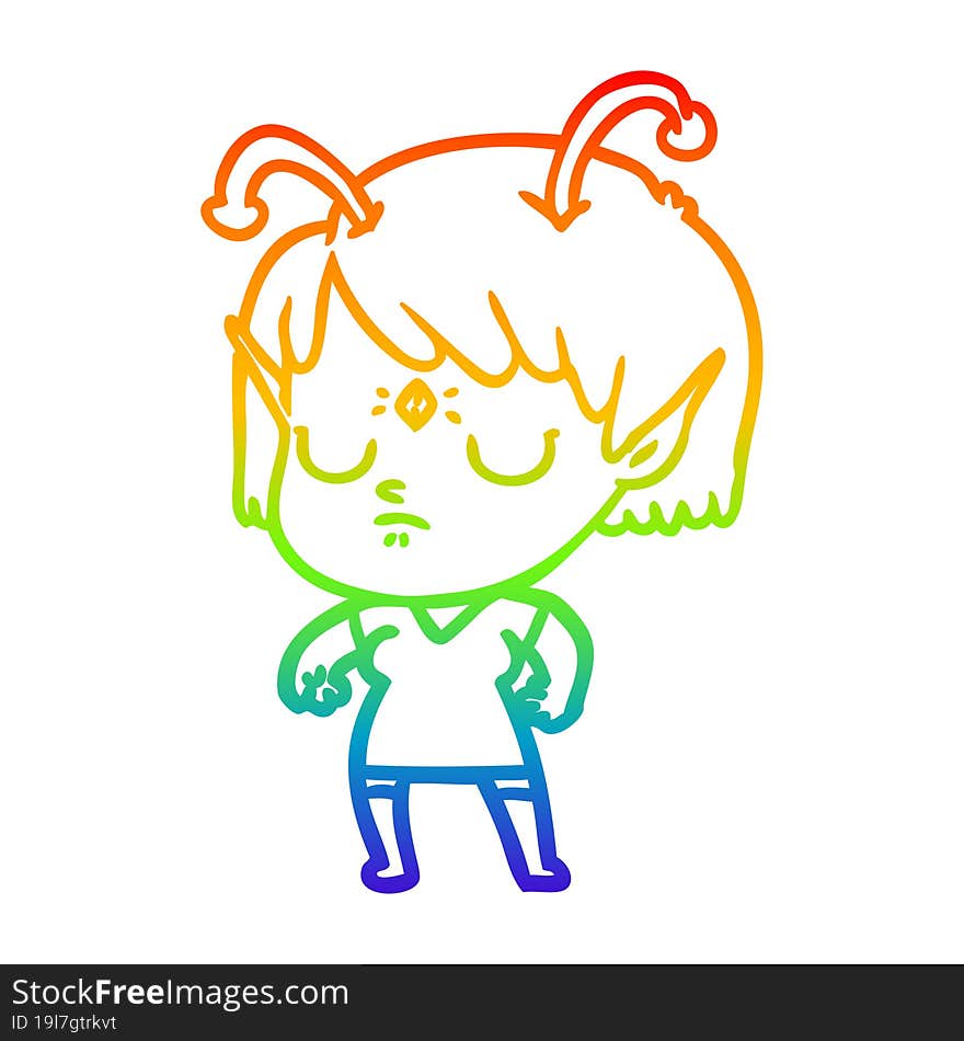 rainbow gradient line drawing of a cartoon alien girl