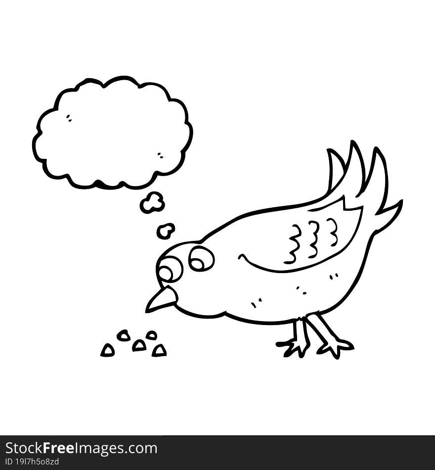 freehand drawn thought bubble cartoon bird pecking seeds