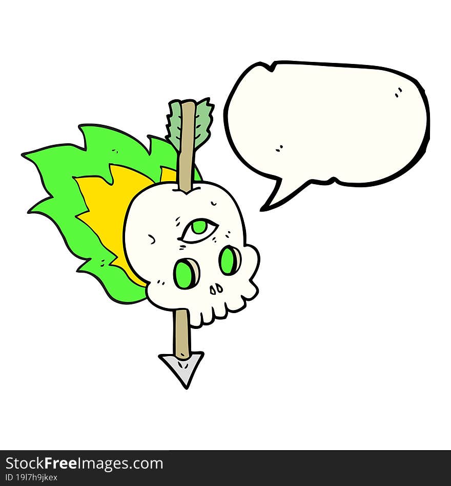 freehand drawn speech bubble cartoon magic skull with arrow through brain