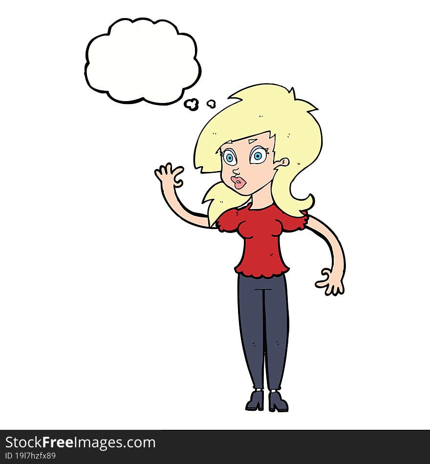 cartoon pretty woman waving with thought bubble