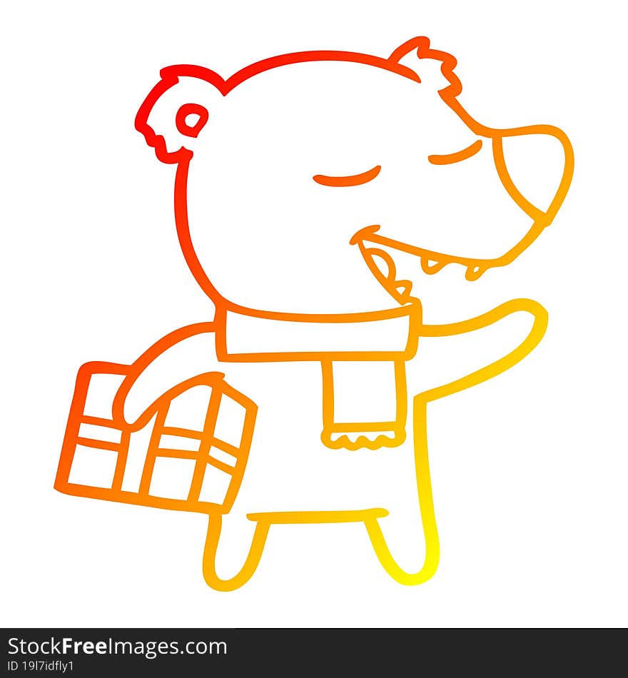 warm gradient line drawing of a cartoon bear with present