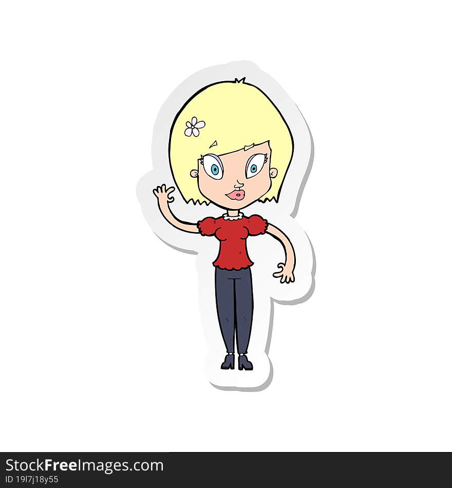 sticker of a cartoon pretty woman waving