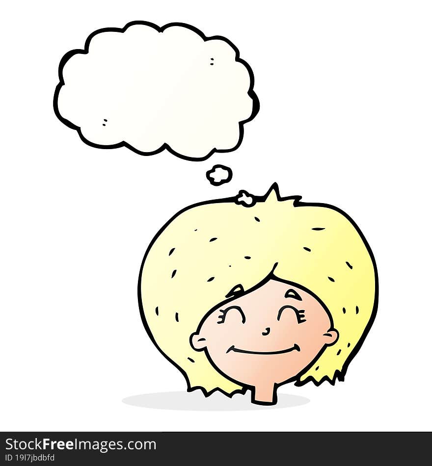 cartoon happy female face with thought bubble