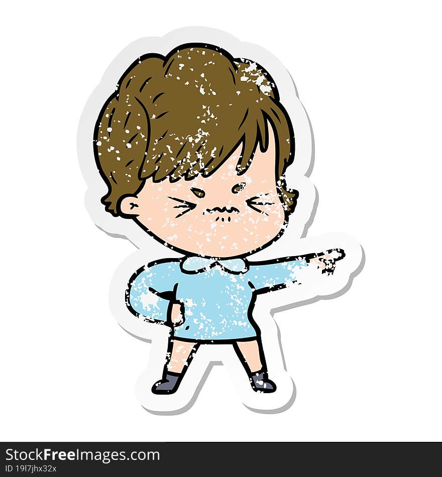 distressed sticker of a cartoon frustrated woman