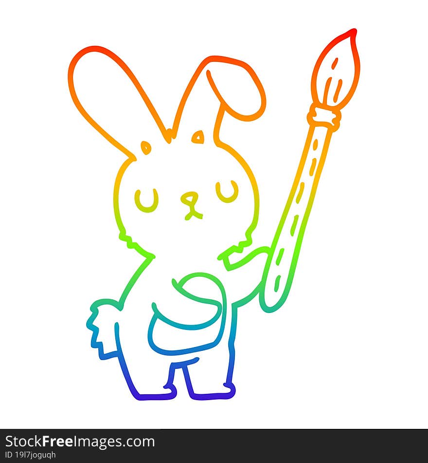 rainbow gradient line drawing of a cartoon rabbit with paint brush