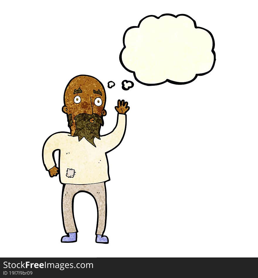 cartoon bearded man waving with thought bubble