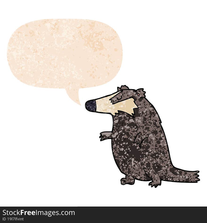 cartoon badger and speech bubble in retro textured style