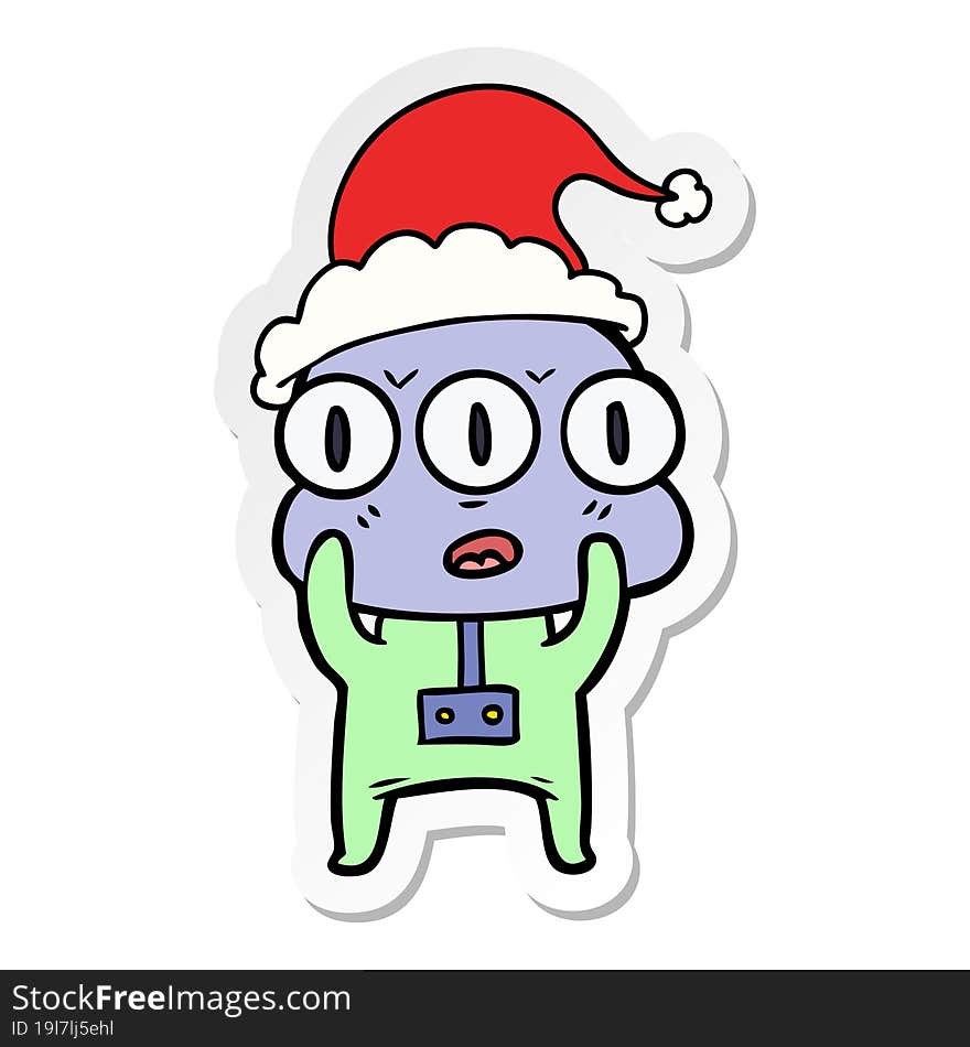 sticker cartoon of a three eyed alien wearing santa hat