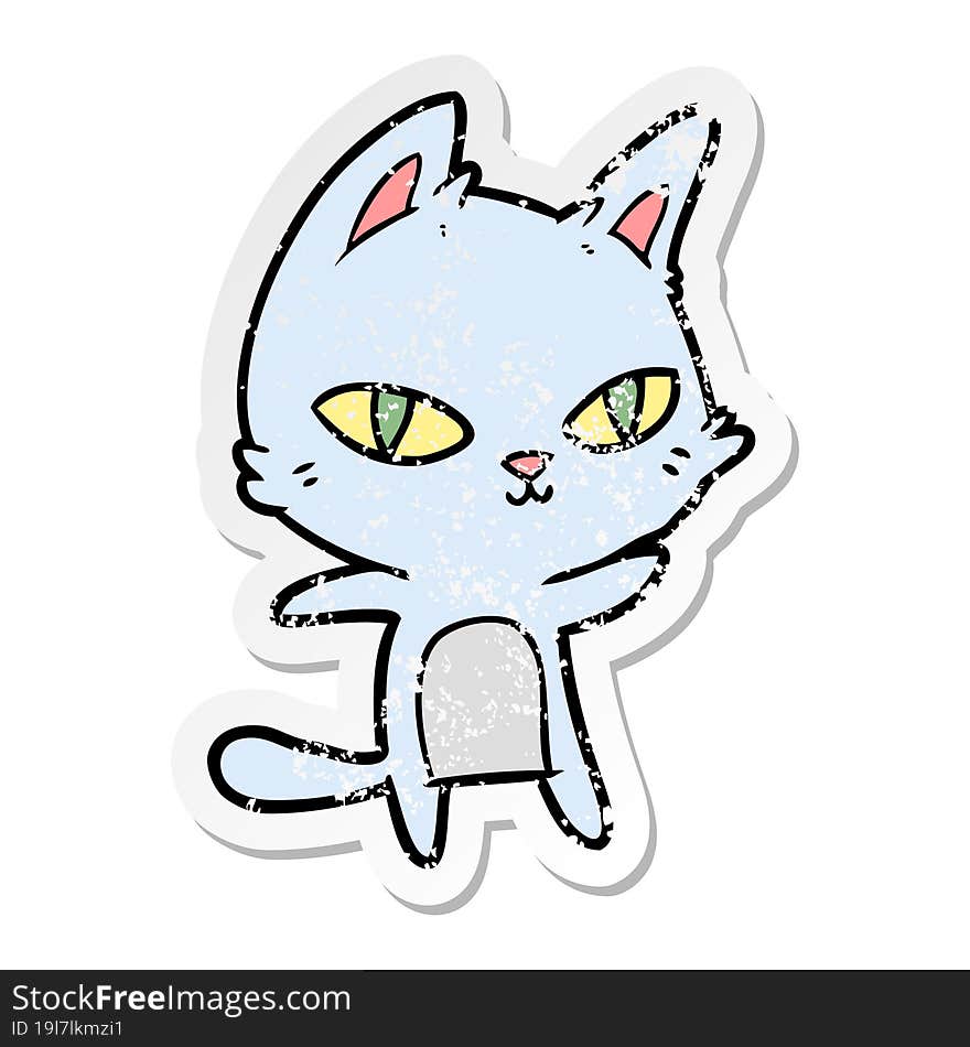 distressed sticker of a cartoon cat staring