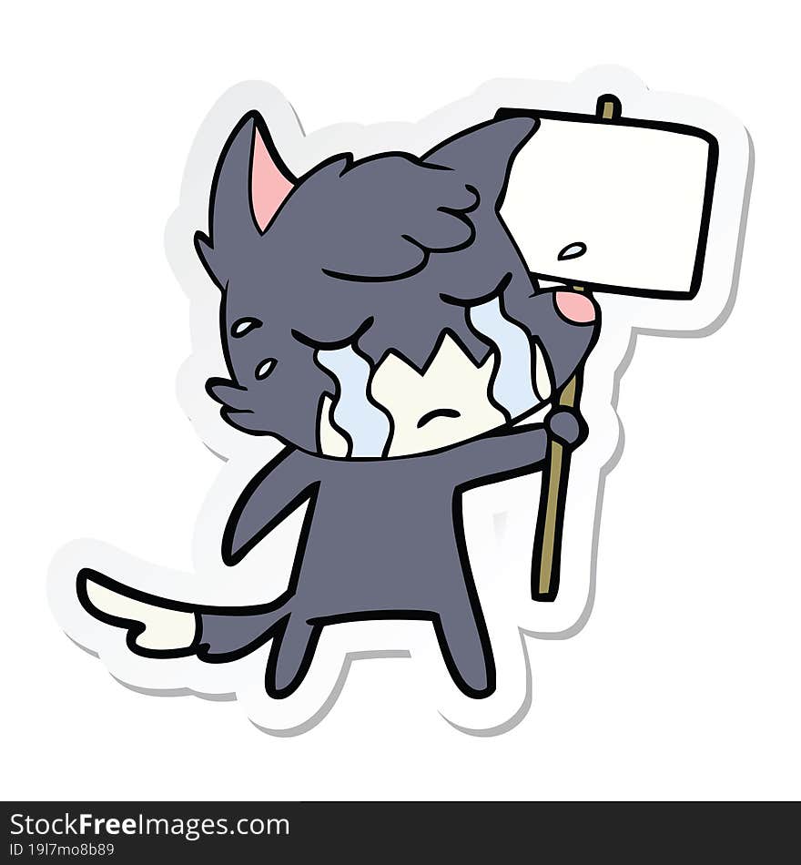 sticker of a crying fox cartoon with placard