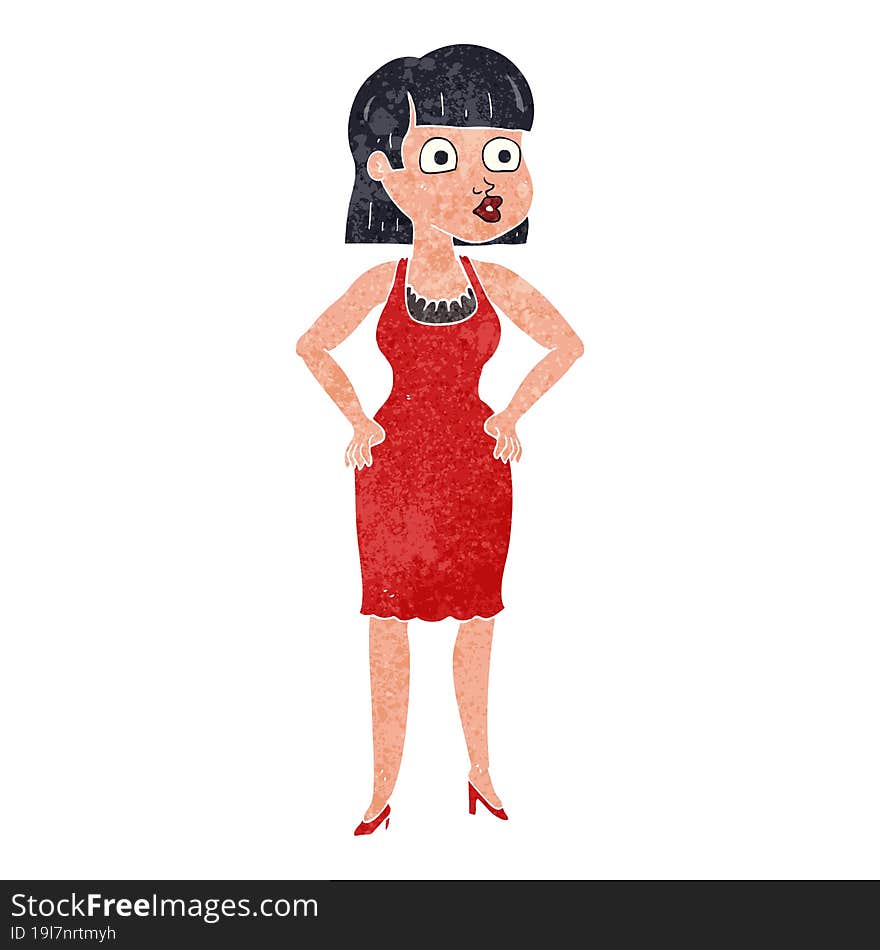 retro cartoon woman in dress with hands on hips