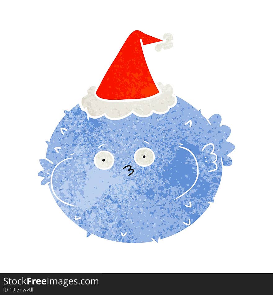 Retro Cartoon Of A Puffer Fish Wearing Santa Hat