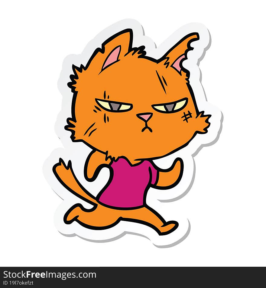 Sticker Of A Tough Cartoon Cat Running