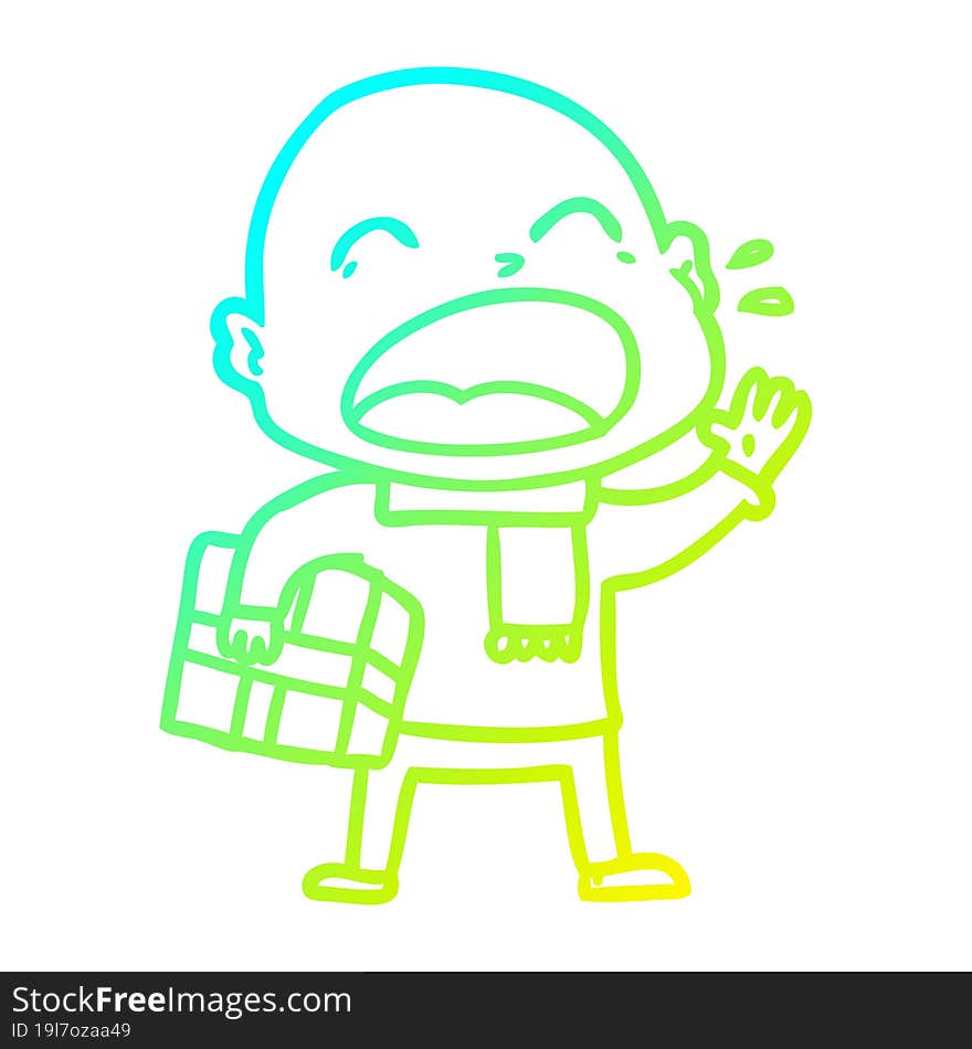 cold gradient line drawing cartoon shouting bald man with present