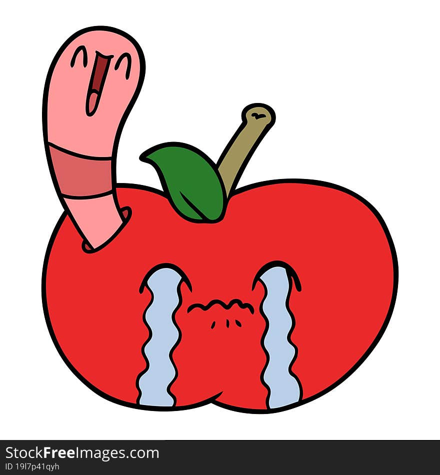 cartoon worm eating an apple. cartoon worm eating an apple