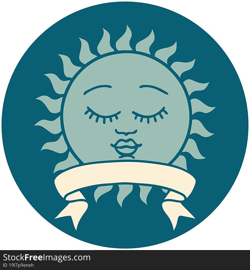 icon with banner of a sun with face