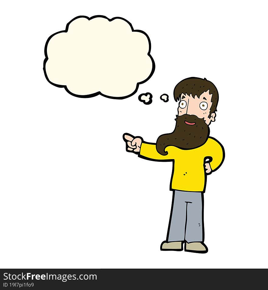 cartoon man with beard pointing with thought bubble