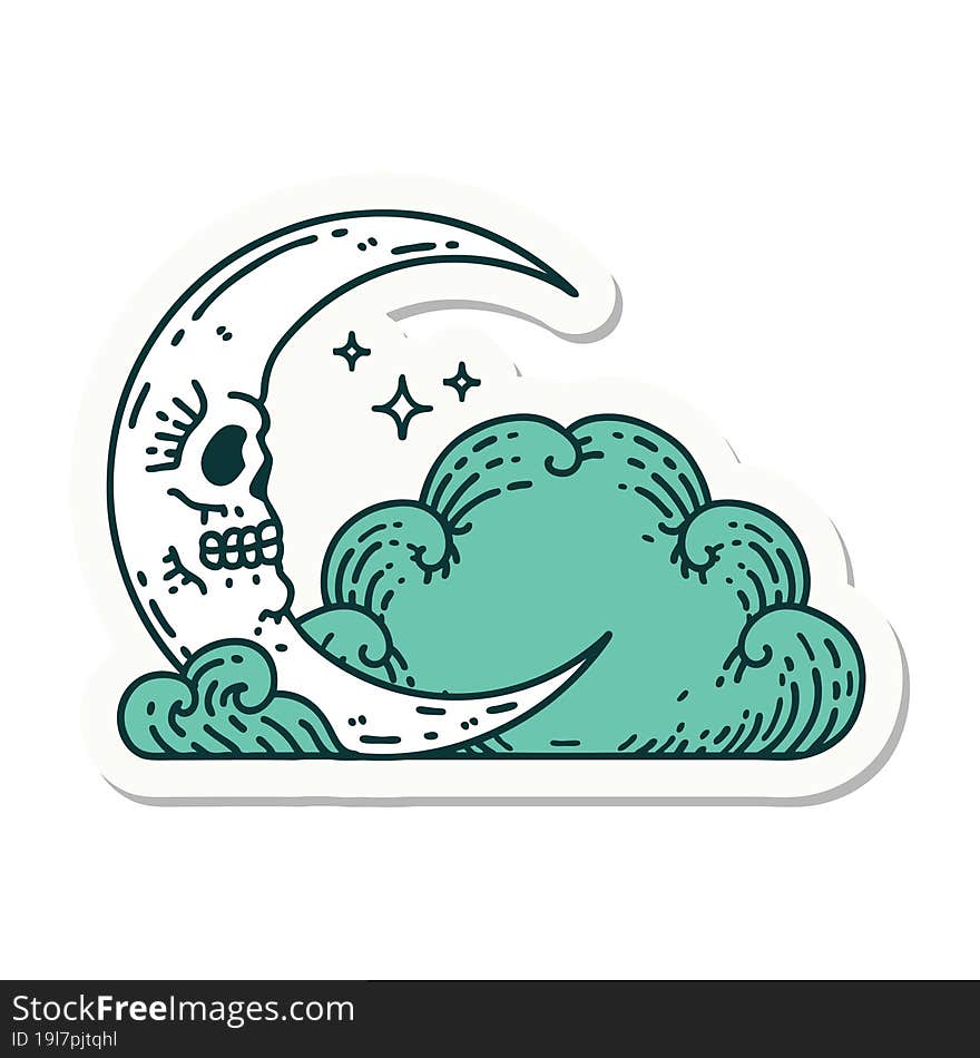 sticker of tattoo in traditional style of a skull crescent moon and clouds. sticker of tattoo in traditional style of a skull crescent moon and clouds